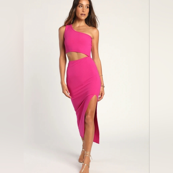 Lulus Spice Things Up Magenta Ribbed One-Shoulder Cutout Midi Dress Size Small - Picture 1 of 8